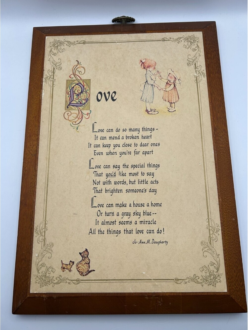 Vintage 1972 Holly Hobbie Love Poem Wood Wall Plaque Carlton Cards Brown Girls